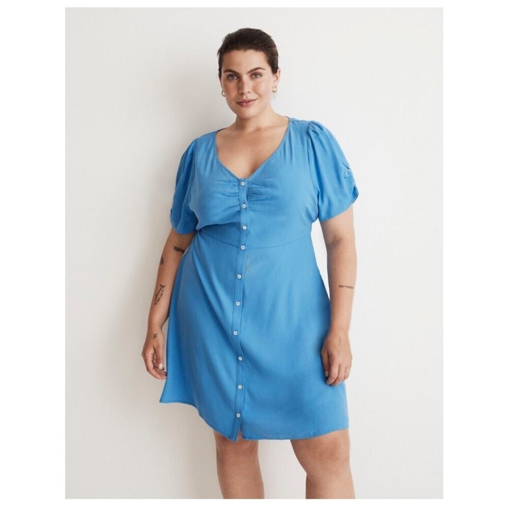 Madewell Sz 16 Blue Nannie Cuff Sleeve Button Front Mini Dress NWOT NL166